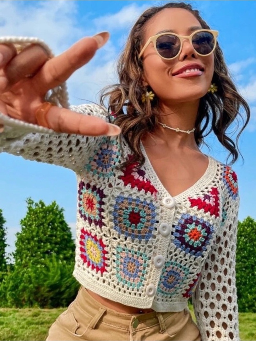 Crochet Cardigan Granny Square Floral Openwork Cropped Button Front Large